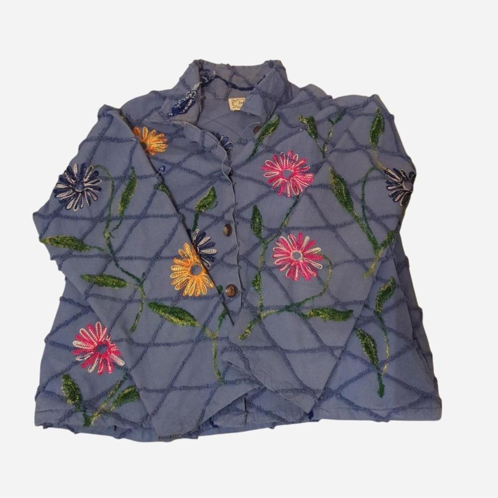 antrums Jacket Womens XL Blue Floral Vintage‎ Embroidered Flower Button Collared